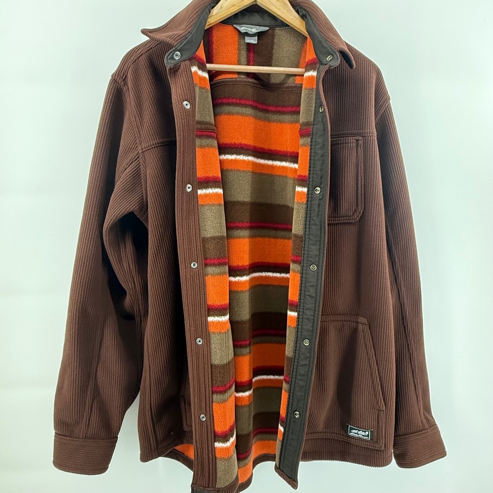 Eddie Bauer Mens Brown Corduroy Fleece Lined Shirt Jacket Snap Front Large XL
